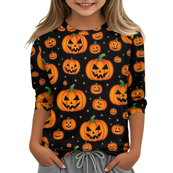 Abcomgle Halloween T-Shirts for Girls Spooky Pumpkin Face Graphic Shirts for Kids Crewneck 3/4 Sleeve Tshirts for Girls Fall Funny Cute Tee Top Girls,3-4 Years