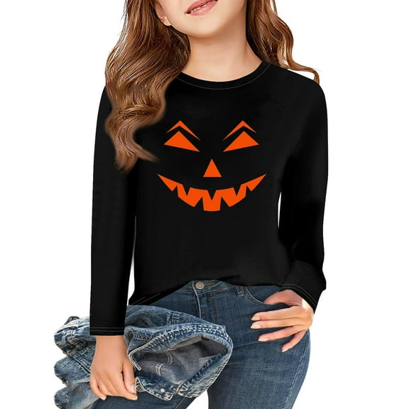 Abcomgle Halloween T Shirts for Girls Spooky Pumpkin Face Graphic T-Shirts for Kid Girls Crewneck Long Sleeve Shirts for Kids Fall Funny Holiday Top for Girls,4-5 Years