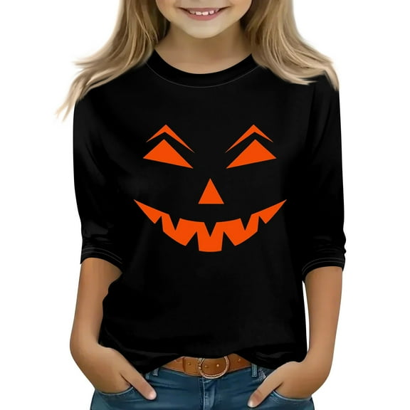 Abcomgle Halloween Shirts for Girls Size 6-8 Spooky Pumpkin Face Graphic Tshirts for Kids Crewneck 3/4 Raglan Sleeve Shirts for Kids Fall Funny Holiday Top for Girls,6-7 Years