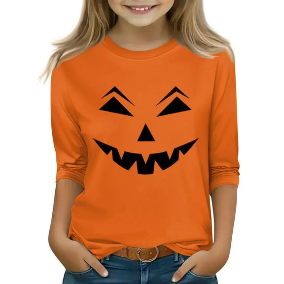 Abcomgle Halloween T Shirts for Girls Spooky Pumpkin Face Graphic Tshirts for Girls Crewneck 3/4 Raglan Sleeve Shirts for Kids Fall Funny Holiday Top for Girls,12-13 Years