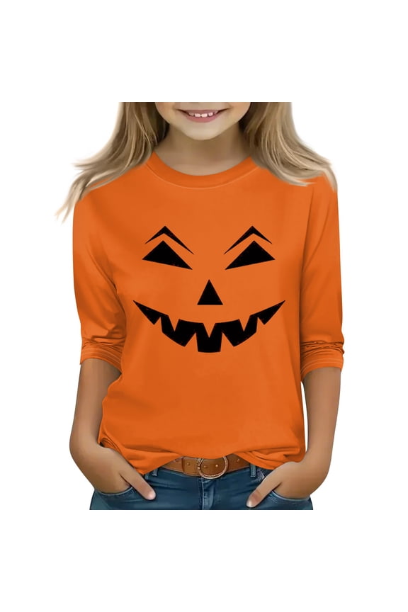 Halloween T Shirts for Girls Spooky Pumpkin Face Graphic Tshirts for Girls Crewneck 3/4 Raglan Sleeve Shirts for Kids Fall Funny Holiday Top for Girls,12-13 Years