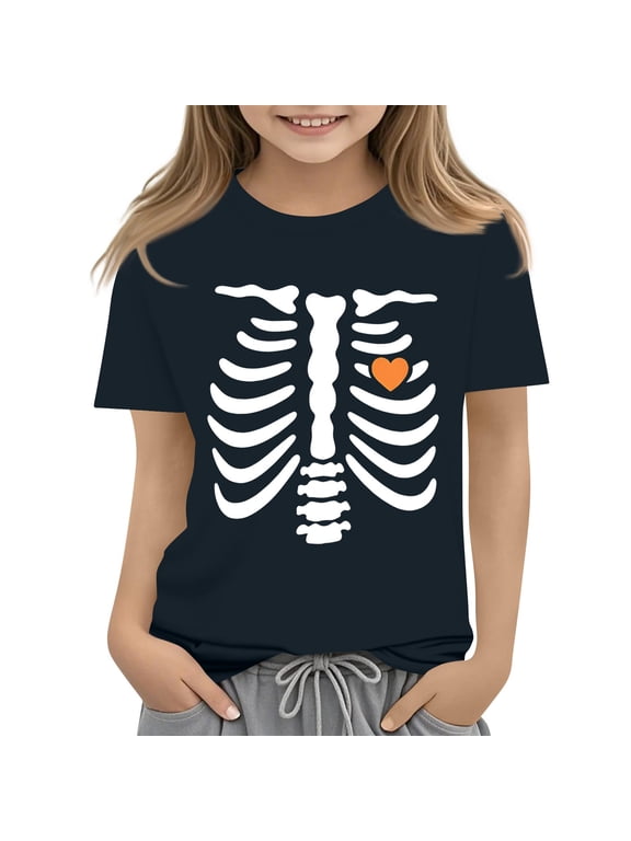 Halloween T Shirts for Girls Spooky Skeleton T-Shirts for Girls Crewneck Short Sleeve Tee Shirts for Girls Fall Funny Holiday Blouses for Girls