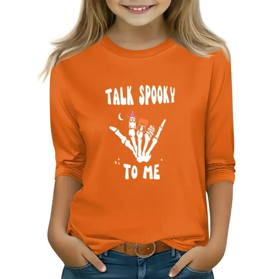 Abcomgle Halloween T Shirts for Girls Spooky Spooky Skeleton Graphic T-Shirts for Girls Crewneck 3/4 Raglan Sleeve Shirts for Kids Girls Fall Funny Scary Tee Top Girls,10-11 Years