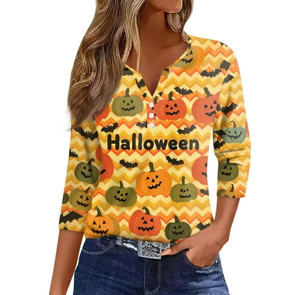 Abcomgle Halloween T-Shirts for Women Henley V Neck 3/4 Sleeve Top for Women Spooky Striped Pumpkin Bat Graphic Shirts for Women Holiday Fashion Halloween Outfits Women,L