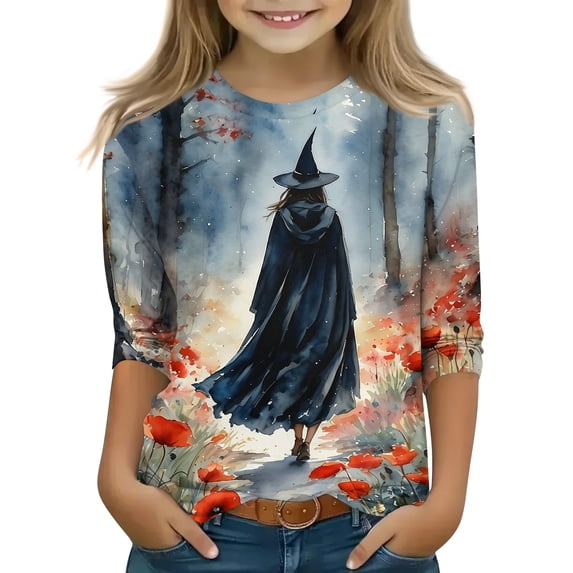 Abcomgle Halloween T-Shirts for Girls Spooky Witches Graphic Shirts for Kids Crewneck 3/4 Sleeve T Shirts for Girls Fall Funny Scary Top for Girls