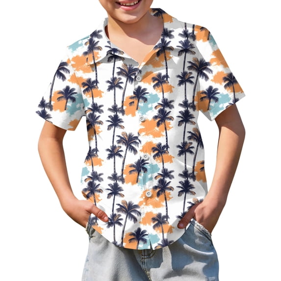 Abcomgle Hawaii Shirts for Boys Button Down Short Sleeve Funny Hawaiian Shirt Summer Palm Tree Print Holiday Spring Shirts for Boys,Dark Blue,9-10Years
