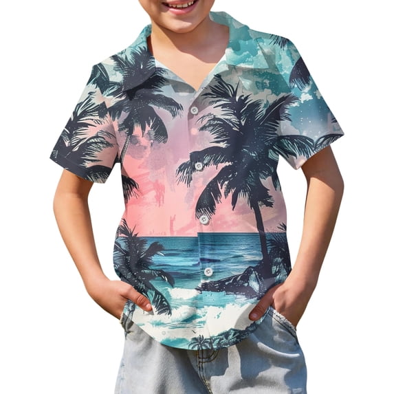 Abcomgle Hawaii Shirts for Boys Button Down Short Sleeve Tropical Shirts for Boys Cartoon Palm Tree Print Tourist Hawaii Shirts,Sky Blue,12-13Years