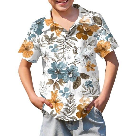 Abcomgle Hawaiian Shirt for Boys 5 6 Button Down Short Sleeve Boys Summer Shirts Tropical Palm Tree Print Beach Boys Shirts,Light Gray,5-6Years