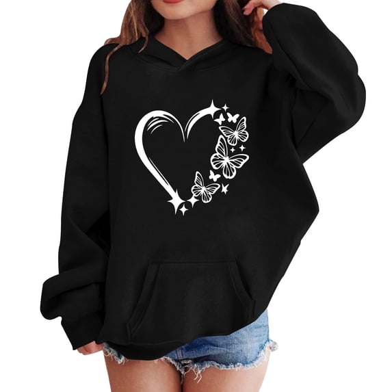 Abcomgle Hoodie for Girls 7-8 Cute Butterfly Heartshape Print Hooded Sweatshirts for Teen Girls Preppy Long Sleeve Girls Pullover Sweatshirt Y2k Fall School Clothes for Teen Girls with Pocket