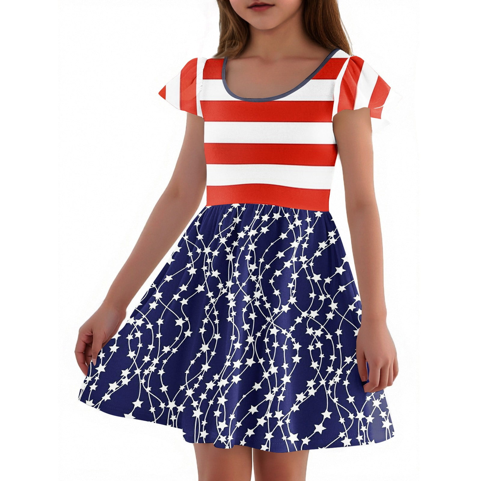Abcomgle Independence Day Dress for Girls Stars Striped Graphic 4th Of July  Dresses Casual A-Line Fly Sleeve Midi Dress Cute Basic Patriotic Skirt for  ...