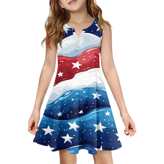 Abcomgle Independence Day Dress for Girls Stars and Stripes Printed 4th Of July Dresses V-Neck A-Line Sleeveless Tank Dresses Cute Loose Patriotic Sundresses with Pockets for 4-14t Kids