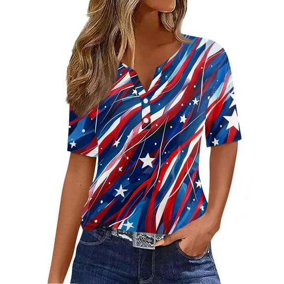 Abcomgle Independent Shirts for Women 4th Of July American Flag Graphic Shirts Henley V-Neck Short Sleeve Tshirt Dressy Patriotic Tee Shirts for Women,Royal Blue M