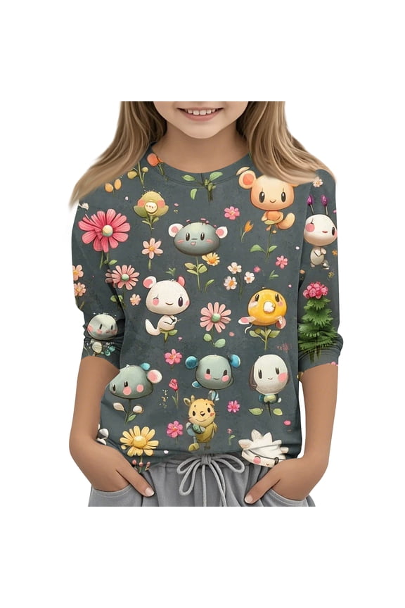 Kids 3/4 Sleeve Shirt Girls 7-8 Casual Animal Daisy Floral Crewneck T-Shirts for Kids Girls Summer Basic Girls Tops Cotton Girls Tee Tops,Army Green,7-8Years