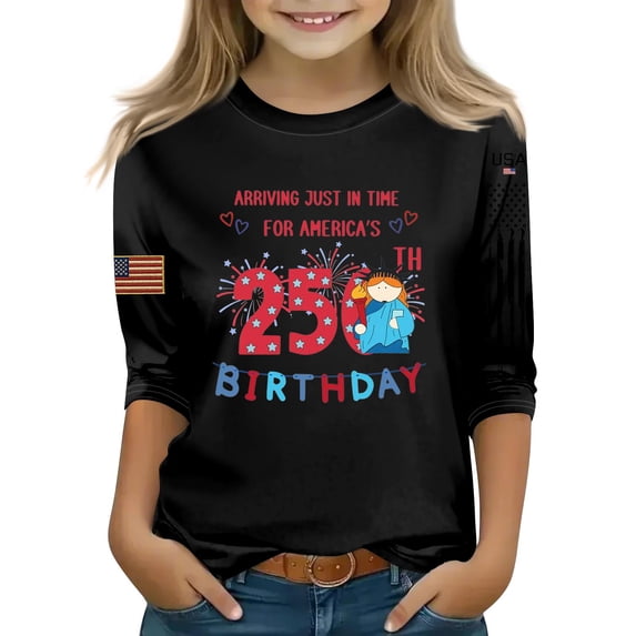Abcomgle Kids Girls Blouses & Button-Down Shirts 3/4 Sleeve Patriotic Shirts 4th Of July Tee Shirts Henley V Neck 250th Birthday Print T-Shirt Independent Day T Shirt,Black,7-8Years