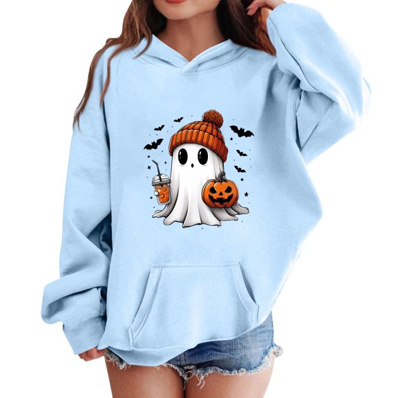 Abcomgle Kids Halloween Hoodies Girls Funny Ghost Pumpkin Bat Printed Sweatshirts with Hooded Preppy Long Sleeve Girls Pullover Top with Pocket Fall Holiday Shirt for Teen Girls,9-10 Years