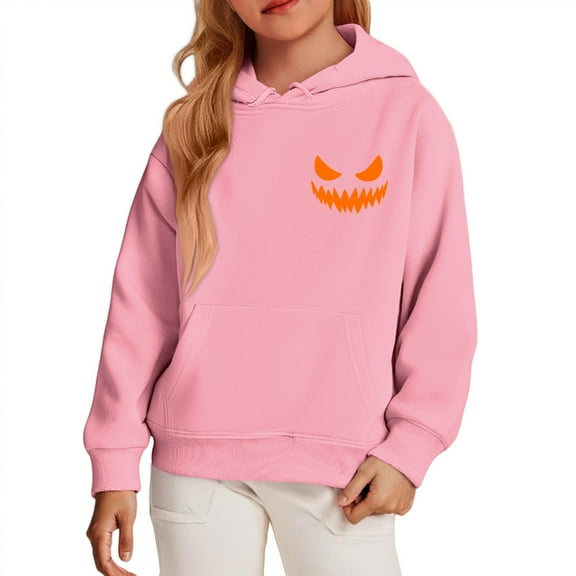 Abcomgle Kids Halloween Hoodies Girls Funny Pumpkin Face Graphic Sweatshirts with Hooded Oversized Long Sleeve Girls Pullover Top with Pocket Winter Sweaters for Teens,7-8 Years