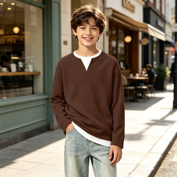 Abcomgle Kids Long Sleeve Shirt Boys 7-8 Waffle Fake Two Piece Henley Shirts for Kids Boys Fall Basic Top for Boys Loose Boys Sweatshirts