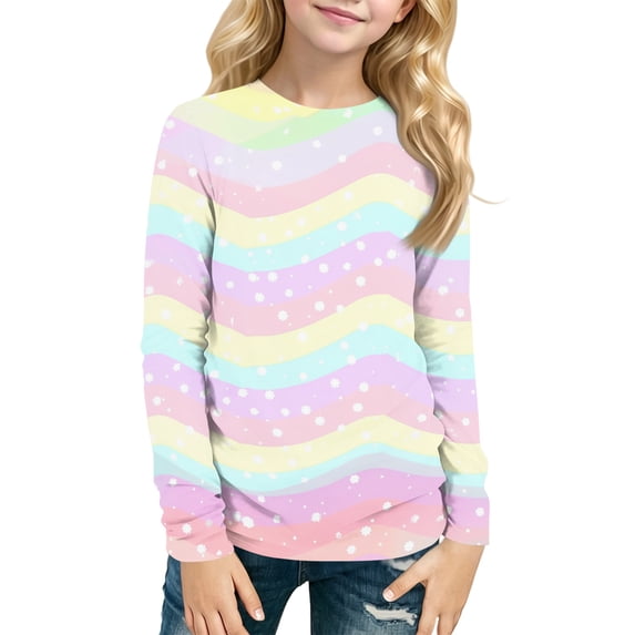 Abcomgle Kids Long Sleeve Shirt Girls 10-12 Casual Rainbow Striped Crewneck Shirts for Girls Fall Basic Top for Girls Cute Girls Blouses