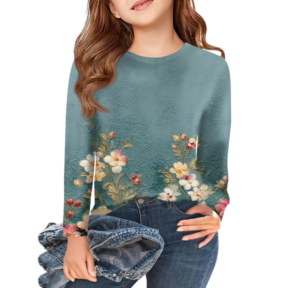 Abcomgle Kids Long Sleeve Shirt Girls 10-12 Casual Vintage Floral Print Crewneck T-Shirts for Kids Girls Winter Basic Girls Tops Cute Blouses for Girls,4-5Years,Blue