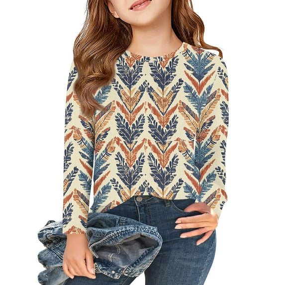 Abcomgle Kids Long Sleeve Shirt Girls 10-12 Crewneck Winter Shirts for Kids Girls Casual Basic Girls Tops Cute Boho Ethnic Girls Sweatshirts 7-8 Years,Brown