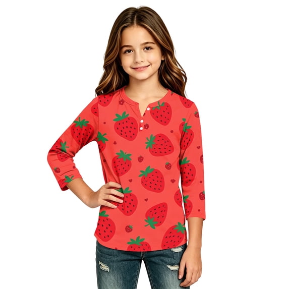 Abcomgle Kids Long Sleeve Shirt Girls 10-12 Henley Button Winter Tee for Girls Casual Basic Top for Girls Cute Strawberry Graphic Girls Blouses