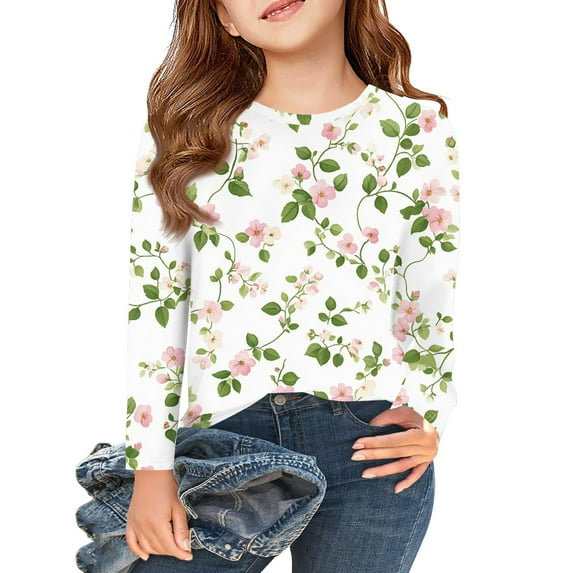 Abcomgle Kids Long Sleeve Shirt Girls 10-12 Trendy Floral Print Crewneck Shirts for Kids Girls Winter Basic Girls Tops Trendy Blouses for Girls 5-6 Years,Green
