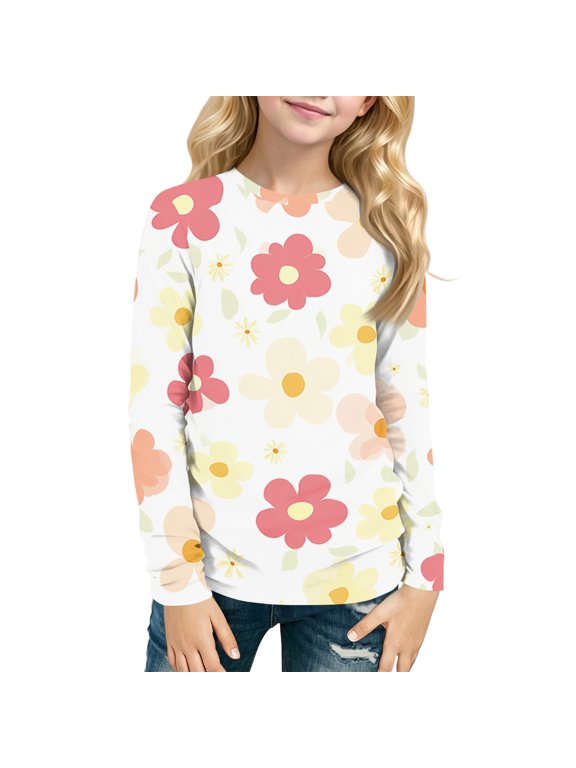 Kids Long Sleeve Shirt Girls 10-12 Trendy Floral Print Crewneck T-Shirts for Kids Girls Fall Basic Girls Tops Cute Girls Sweatshirts