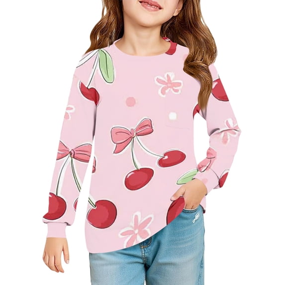 Abcomgle Kids Long Sleeve Shirt Girls 7-8 Casual Cherry Graphic Crewneck Shirts for Kids Girls Fall Basic Top for Girls Trendy Girls Tunic Tops with Pocket