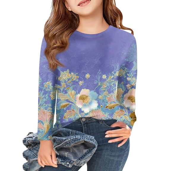 Abcomgle Kids Long Sleeve Shirt Girls 7-8 Crewneck Spring T-Shirts for Girls Trendy Basic Top for Girls Trendy Vintage Floral Print Girls Blouses,4-5Years,Light Purple