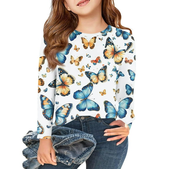 Abcomgle Kids Long Sleeve Shirt Girls 7-8 Trendy Butterfly Graphic Crewneck Shirts for Girls Winter Basic Girls Tops Trendy Blouses for Girls 3-4 Years,Blue