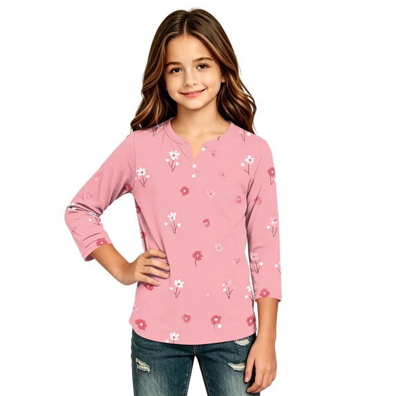 Abcomgle Kids Long Sleeve Shirt Girls 7-8 Trendy Floral Print Henley Button T-Shirts for Girls Winter Basic Top for Girls Cute Girls Tunic Tops