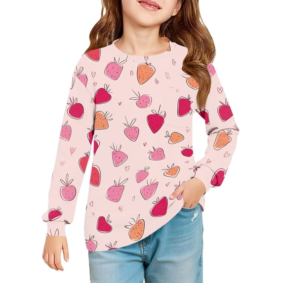 Abcomgle Kids Long Sleeve Shirt Girls 7-8 Trendy Strawberry Graphic Crewneck T-Shirts for Kids Girls Fall Basic Girls Tops Cute Blouses for Girls with Pocket