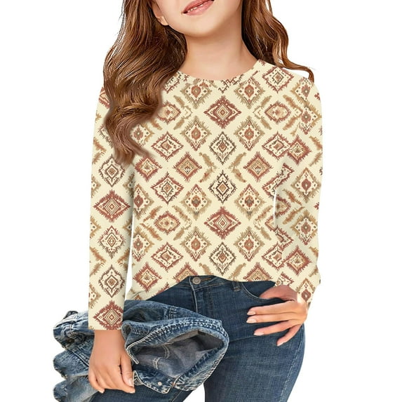 Abcomgle Kids Long Sleeve Shirt Girls Casual Boho Ethnic Crewneck Shirts for Girls Winter Basic Girls Tops Loose Blouses for Girls 4-5 Years,Beige