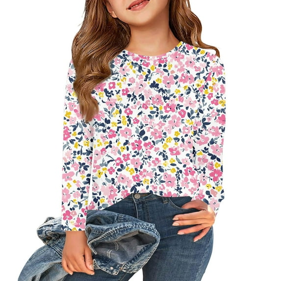 Abcomgle Kids Long Sleeve Shirt Girls Casual Floral Print Crewneck T Shirts for Girls Winter Basic Girls Tops Trendy Girls Blouses 7-8 Years,Pink