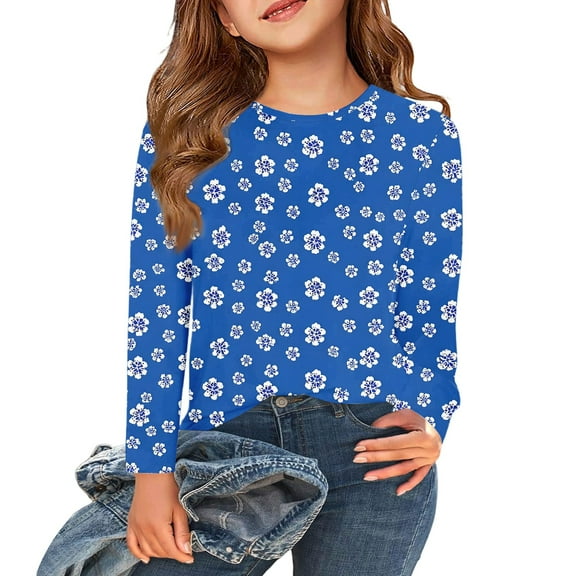 Abcomgle Kids Long Sleeve Shirt Girls Casual Floral Print Crewneck Tshirts for Girls Winter Basic Top for Girls Cute Girls Blouses 9-10 Years,Royal Blue