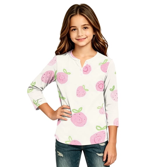 Abcomgle Kids Long Sleeve Shirt Girls Casual Strawberry Graphic Henley Button Tshirts for Girls Fall Basic Girls Tops Cute Girls Sweatshirts