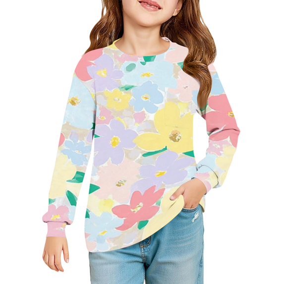 Abcomgle Kids Long Sleeve Shirt Girls Casual Watercolor Floral Print Crewneck T-Shirts for Kids Girls Fall Basic Top for Girls Loose Blouses for Girls with Pocket