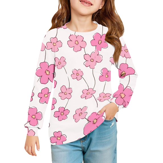 Abcomgle Kids Long Sleeve Shirt Girls Crewneck Fall Shirts for Kids Girls Casual Basic Girls Tops Cute Floral Print Girls Sweatshirts with Pocket