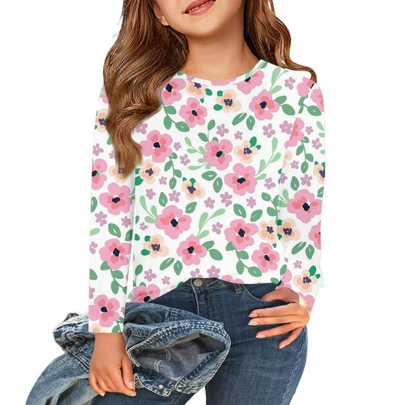 Abcomgle Kids Long Sleeve Shirt Girls Crewneck Fall T Shirts for Girls Casual Basic Girls Tops Cute Floral Print Blouses for Girls 7-8 Years,Yellow