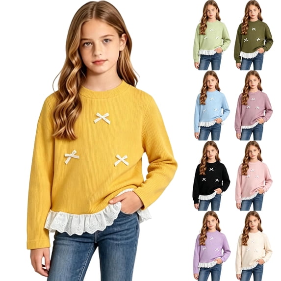 Abcomgle Kids Long Sleeve Shirt Girls Crewneck Fall T-Shirts for Girls Ruffle Lace Hem Ribbed Girls Tops Cute Bow Girls Blouses