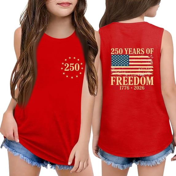 Abcomgle Kids Patriotic Tank Top 4th Of July 250 YEARS OF FREEDOM Graphic Outfit Crewneck Sleeveless Girls T-Shirts Cotton Independence Day Tank Tops for Girls