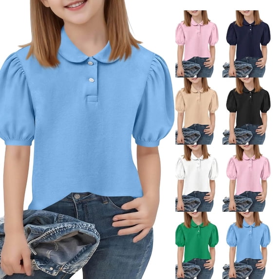Abcomgle Kids Polo Shirts Girls 12-14 Short Sleeve Peter Pan Collar Polo Shirt Puff Sleeve Button Closure Solid Color School Uniform Comfortable Tshirts for Kids Girls