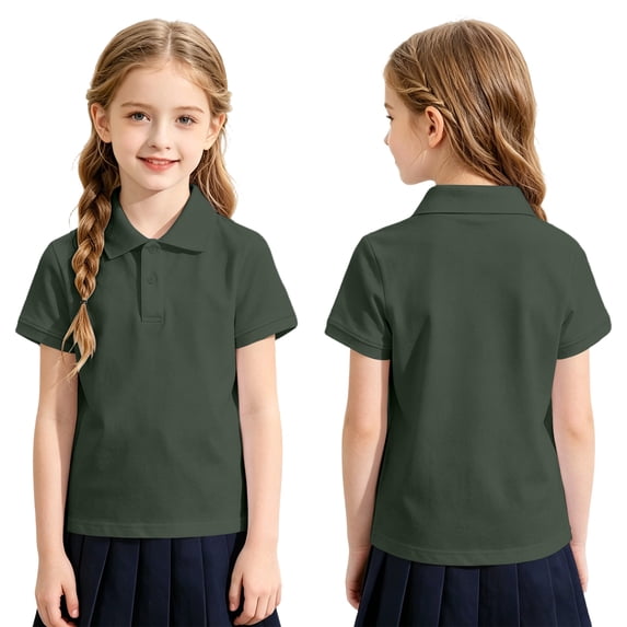 Abcomgle Kids Uniform Shirts for Girls Short Sleeve Pique Polo Shirts for Girls Button Closure Solid Color School Uniform Shirts Breathable Collared Performance Polo Shirts for Girls