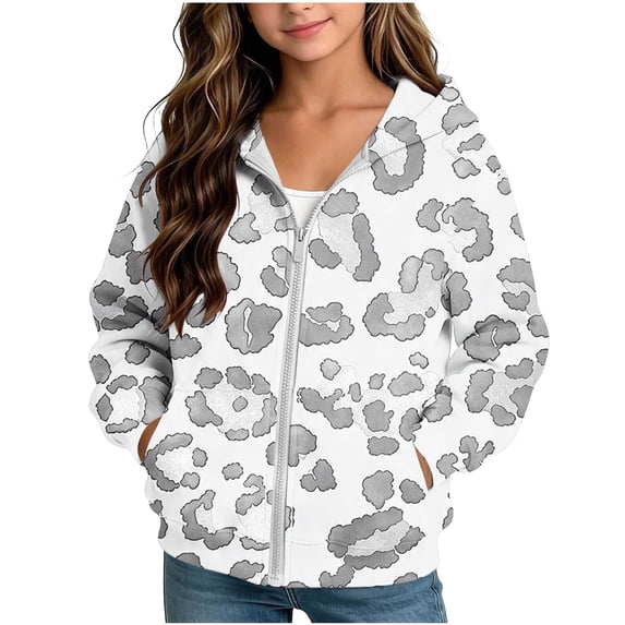 Abcomgle Leopard Print Zip Up Hoodies for Girls Kids Cute Jacket for Girls Fleece Full-Zip Hoodies for Teen Girls Loose Fall Hooded Jacket Sweatshirt Girl with Pockets
