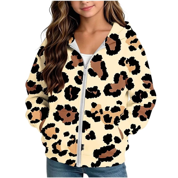 Abcomgle Leopard Print Zip Up Hoodies for Girls Kids Cute School Jacket for Girls Fleece Full-Zip Hoodies for Teen Girls Casual Hooded Sweatshirt for Teen Girls with Pockets