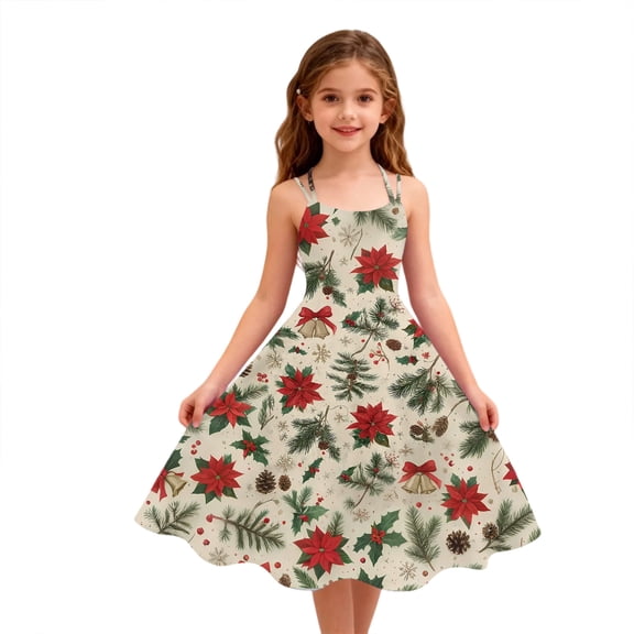 Abcomgle Little Girls Christmas Dresses Cute Spaghetti Straps A-Line Midi Dress for Girls Floral Print Dress Clothes for Girls Sleeveless Holiday Swing Dresses for Girls