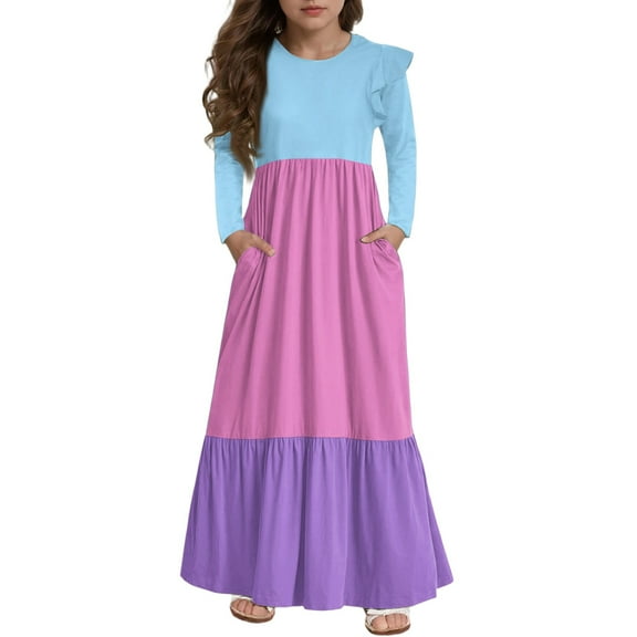 Abcomgle Long Dresses for Girls 12-14 Casual A-Line Ruffle Long Sleeve Girls Long Dresses Colorblock Crew Neck Sundresses Tiered Dresses with Pockets,Hot Pink