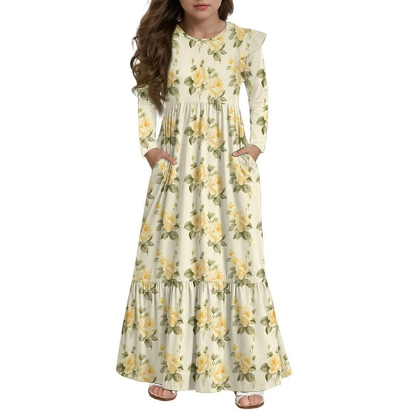 Abcomgle Long Dresses for Girls 12-14 Casual A-Line Ruffle Long Sleeve Girls Long Dresses Floral Print Crew Neck Sundresses Boho Tiered Dresses with Pockets,Yellow