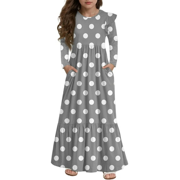 Abcomgle Long Dresses for Girls 12-14 Casual A-Line Ruffle Long Sleeve Girls Long Dresses Polka Dot Crew Neck Sundresses Tiered Beach Dresses with Pockets,Gray