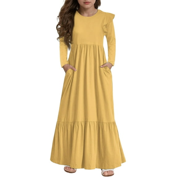 Abcomgle Long Dresses for Girls 12-14 Casual A-Line Ruffle Long Sleeve Maxi Dress Solid Color Crew Neck Sundresses Tiered Formal Dresses with Pockets,Yellow